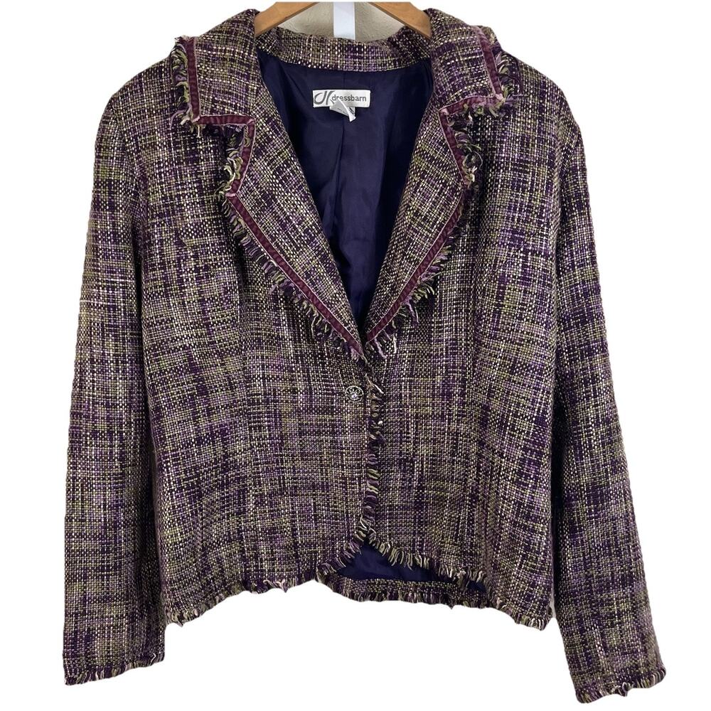 Y2K Tweed Boucle Blazer Womens L Purple Fringe Velvet Trim Whimsigoth Statement